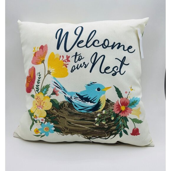 Mainstays Decorative Throw Pillow Welcome to Our Nest Bird Floral Spring Home - Picture 1 of 6